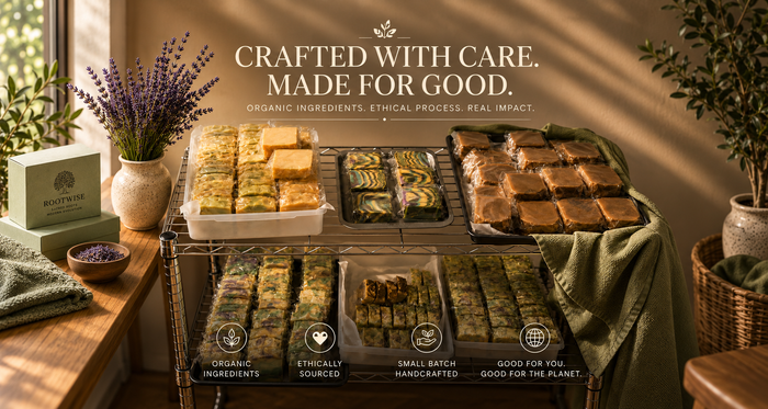 Botanical cleansing bars curing, featured in Inside the RootWise Craft.