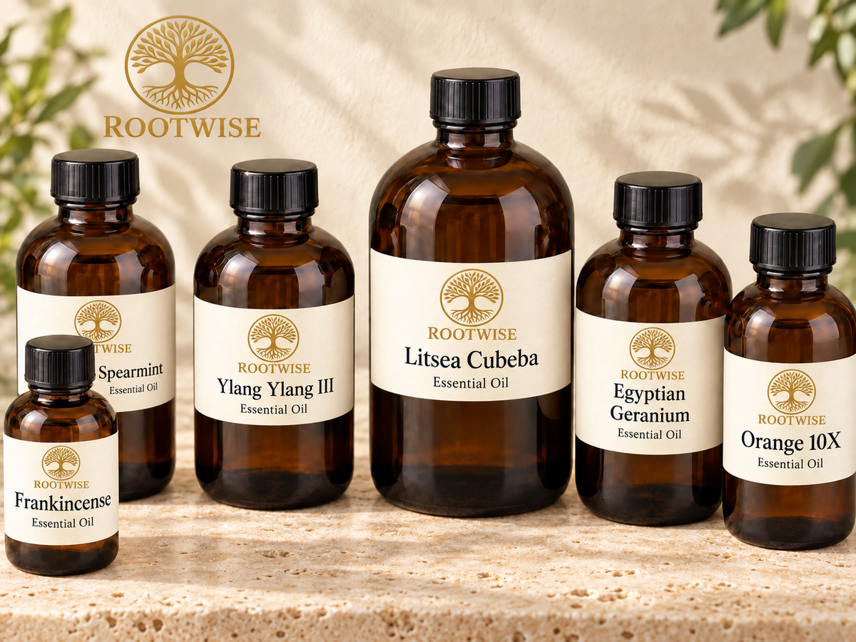 Six essential oil bottles with gold RootWise logos.
